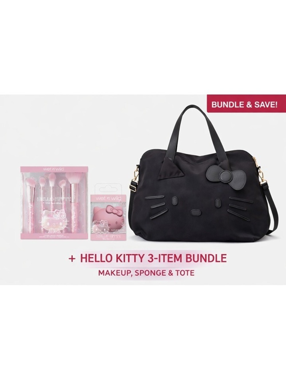 Wet n Wild Hello Kitty Black Tote Bag with Makeup Brush and Sponge Bundle